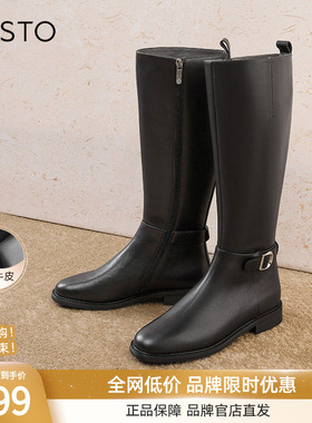 百思图冬季商场新款潮酷通勤加绒显瘦骑士靴女高筒长靴AX212DG4