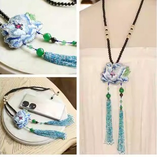新国风蓝牡丹 双面手绣绣花珠穗蓝色流苏中式百搭项链复古长项链