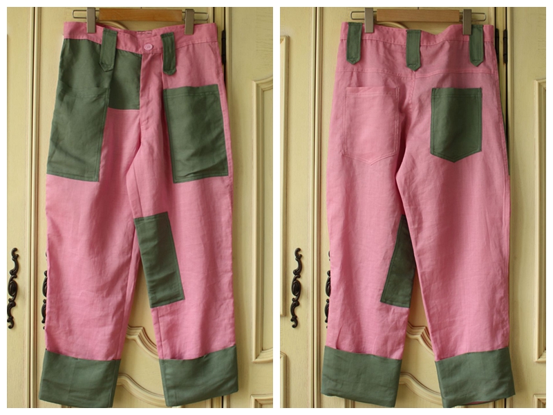 价格与品质不符显瘦有型亚麻直筒拼色拼接不对称街头休闲裤粉裤子
