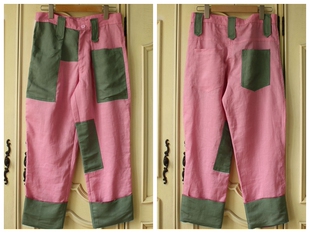 价格与品质不符显瘦有型亚麻直筒拼色拼接不对称街头休闲裤粉裤子