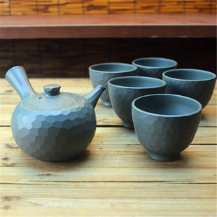 日本常滑烧已故无形文化财 水野静仙钻石切割面横手侧把急须套壶