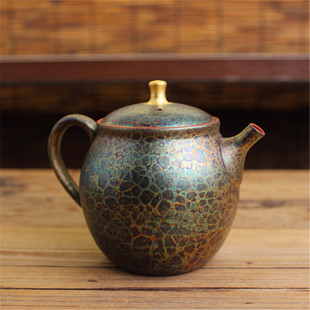 日本常滑烧 梅原昭二 昭龙金斑纹天目 日式后手泡茶朱泥急须茶壶