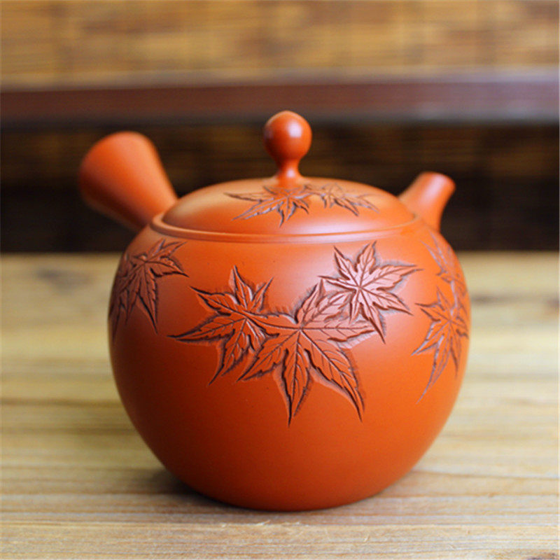 日本常滑烧名家山田宝生作 老朱泥枫叶横手侧把泡茶急须茶壶茶器