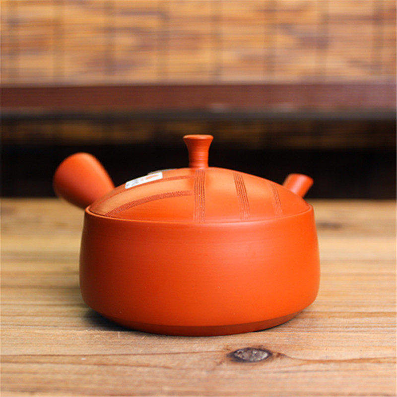 日本常滑烧三代梅原北龙 纯手工朱泥扁平冰茶雨露壶横手侧把急须