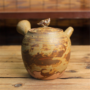 日本常滑烧已故雕刻名家藤井规仙作 陶泥自然釉喜上枝头侧把急须