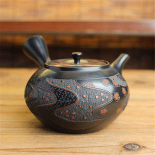 日本常滑烧已故大师 朱泥研出千羽拭横手侧把泡茶急须壶 梅原玉堂