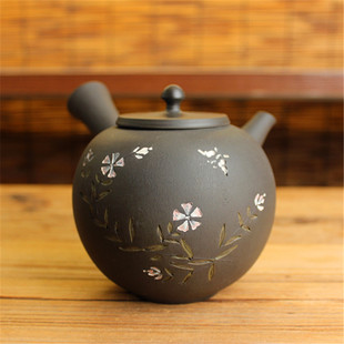 朱泥熏黑梨皮印花横手侧把泡茶急须茶壶 日本常滑烧名家都筑青峰