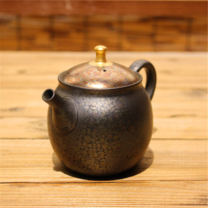 日本常滑烧名家 昭龙天目釉梅原昭二作 金盖金顶黄金天目釉后手壶