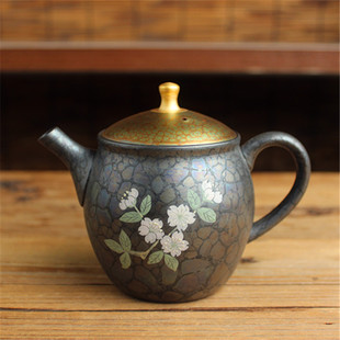 日本常滑烧 昭龙天目釉梅原昭二 彩金盖手绘日式唯美后手急须茶壶