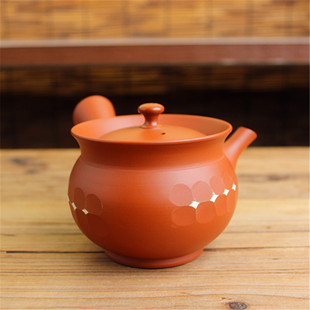 日本常滑烧已故名家 朱泥刀削面横手侧把急须茶壶 二代伊藤高凤作