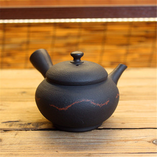 日本常滑烧已故作家伊藤高凤 侧把横手急须 印笼盖松皮纹波浪日式