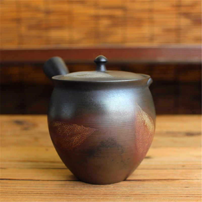日本常滑烧九宫壶作水野阳景 火窑变菩提叶薄胎横手侧把急须茶壶