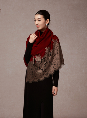 嫵WOO【名媛简约蕾丝披肩】羊绒长款四季搭围巾纯色送礼女空调巾