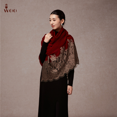woo名媛简约春秋蕾丝羊绒披肩女