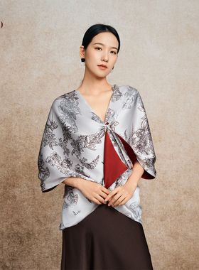 嫵WOO 【礼赠推荐】印花面料小-青花卉影高端中式披肩旗袍外搭