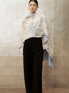 嫵WOO 【中式盘扣】澜山雅韵国风新中式披肩蚕丝印花丝巾围巾送礼
