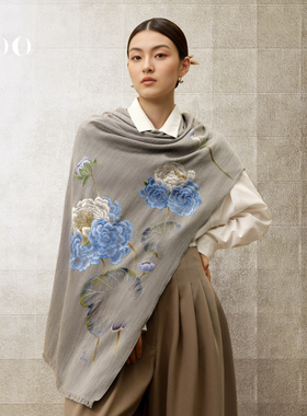 嫵WOO 【花语绮梦】羊绒手绣披肩牡丹苏绣围巾搭配旗袍连衣裙礼品