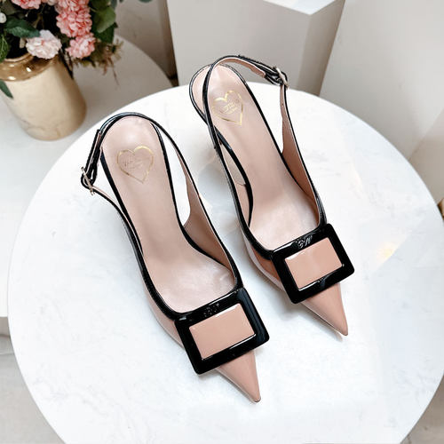 2026新款法式尖头方扣拼色单鞋一字带扣细跟尖头凉鞋名缓高跟鞋女