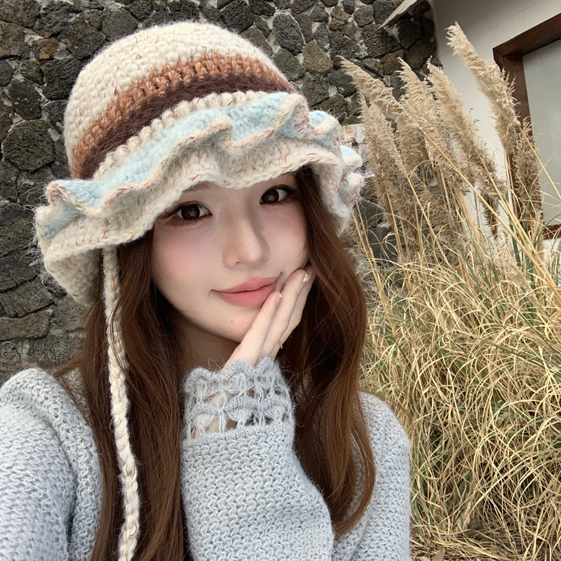 拼色花朵边针织渔夫帽女秋冬季韩版显脸小毛线帽子大头围保暖盆帽