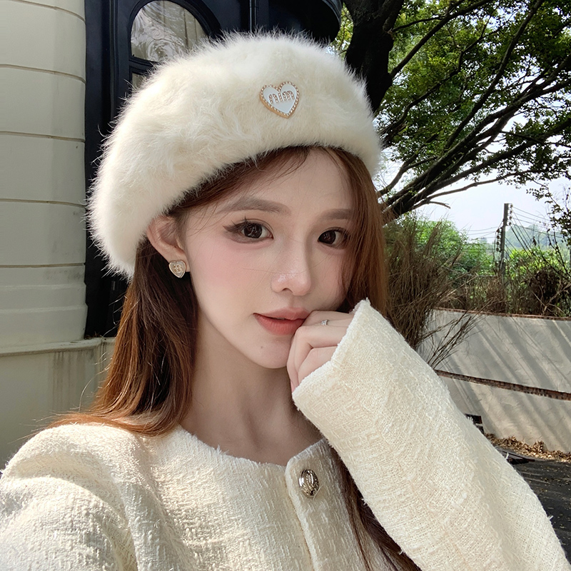 爱心白色仿 兔毛贝雷帽女秋冬季百搭蓓蕾帽画家帽大头围毛绒帽子