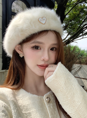 爱心白色仿 兔毛贝雷帽女秋冬季百搭蓓蕾帽画家帽大头围毛绒帽子
