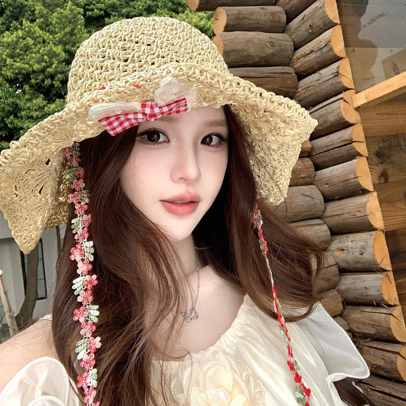 田园风蝴蝶结草帽女甜美百搭镂空大檐海边度假可折叠遮阳防晒帽子