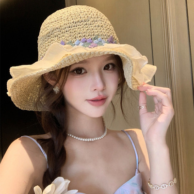 甜美碎花蕾丝草帽女夏季海边度假大帽檐遮阳防晒帽可折叠太阳帽子
