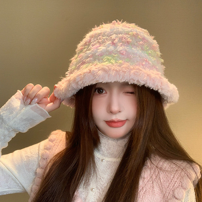 可爱毛绒渔夫帽女秋冬季显脸小美拉德毛线帽保暖大头围针织盆帽子