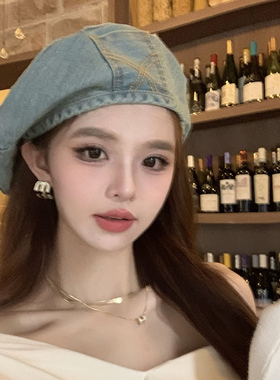 牛仔贝雷帽女款2026新款秋冬季大头围显脸小八角蓓蕾画家蓝色春秋