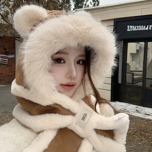 可爱小熊耳朵毛绒帽子围巾一体女冬季加厚保暖雷锋帽围脖冬天骑车