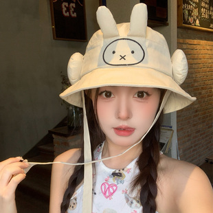 可爱卡通米菲兔耳朵渔夫帽女大头围大帽檐遮阳防晒帽绑带登山帽子