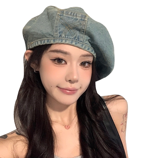 水洗夏天牛仔贝雷帽女款春夏2026新款蓝色百搭大头围帽子薄款夏季