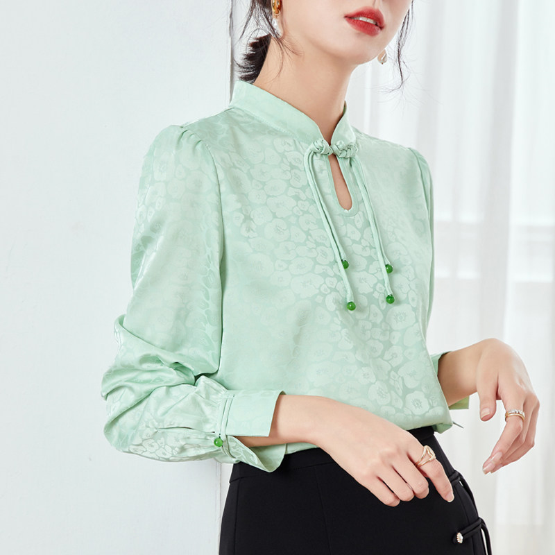 中国风盘扣雪纺衫女长袖2022秋新款立领上衣女士小衫洋气高贵时尚