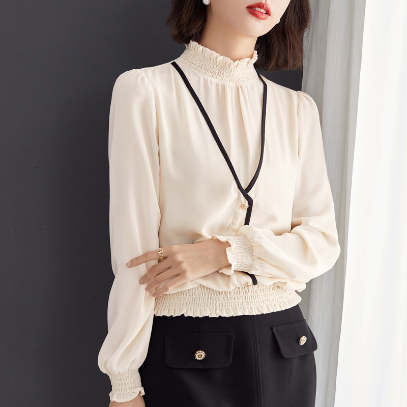 2022年春装新款法式立领衬衫女洋气时尚长袖上衣别致收腰小衫雪纺