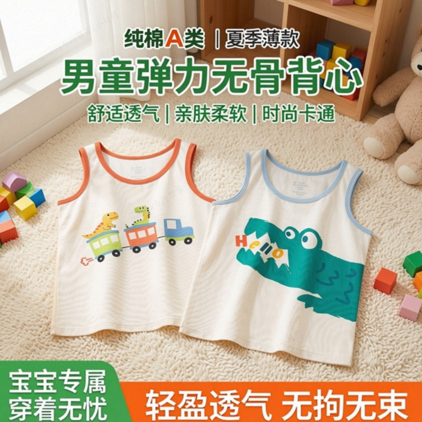 儿童背心男童夏季薄款纯棉a类短袖上衣2025新款外穿儿童睡衣背心