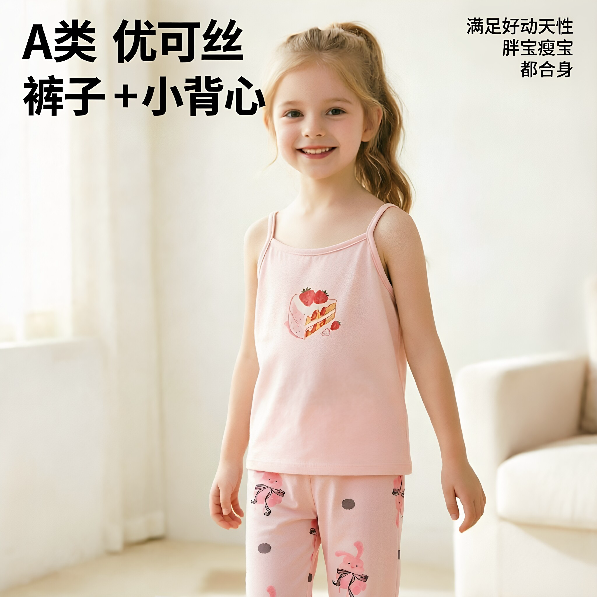 2026新款女童睡衣夏季套装打底裤儿童卡通花边小女孩宝宝韩版长裤