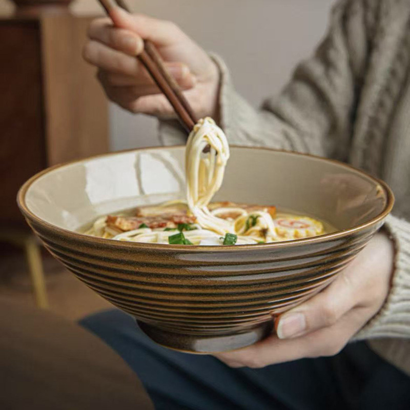 〖吃面刚好〗8英寸螺纹斗笠碗大号陶瓷面碗日式高脚拉面碗 微瑕