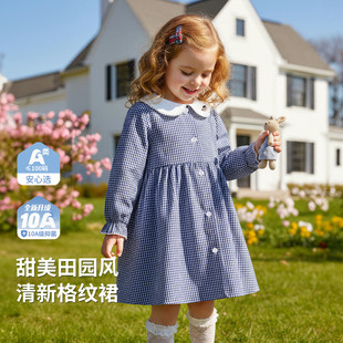 精典泰迪品牌女童长袖连衣裙田园儿童格纹裙子中小童公主裙娃娃领