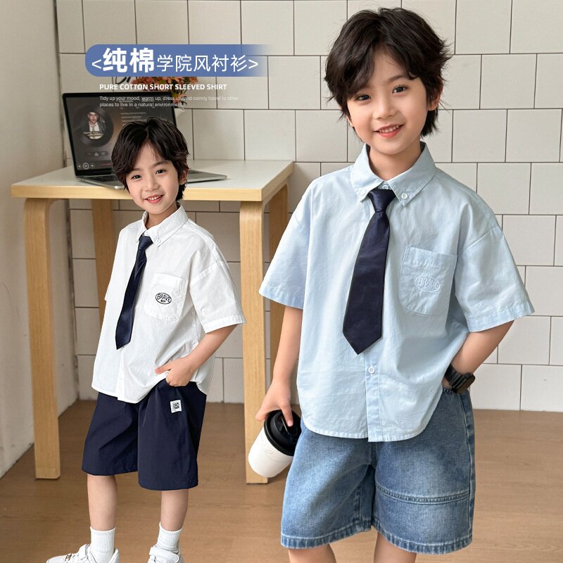 海妈家品牌男童纯棉短袖衬衫夏季白色韩版儿童衬衣套装中大童学生