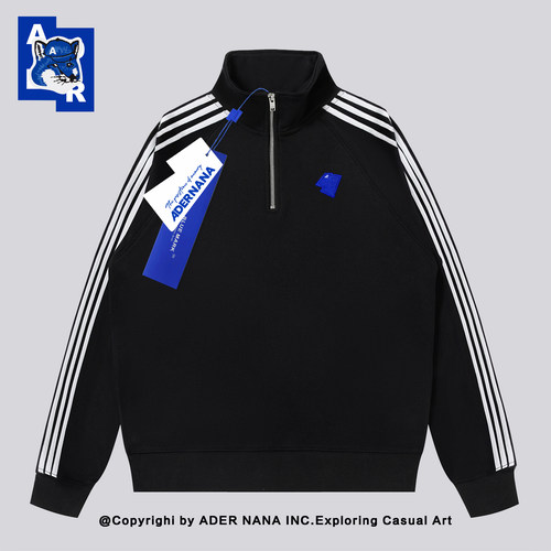 ADER NANA潮牌新款半拉链立领卫衣男女情侣三条杠宽松潮牌上衣