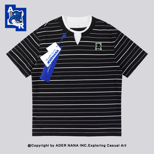 ADERNANA黑白条纹假两件T恤