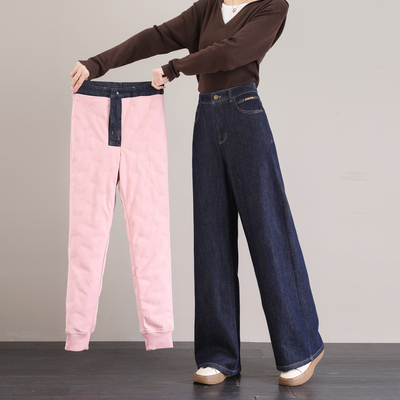 牛仔羽绒裤女外穿冬2025新款加长高个子加绒加厚宽松直筒阔腿棉裤