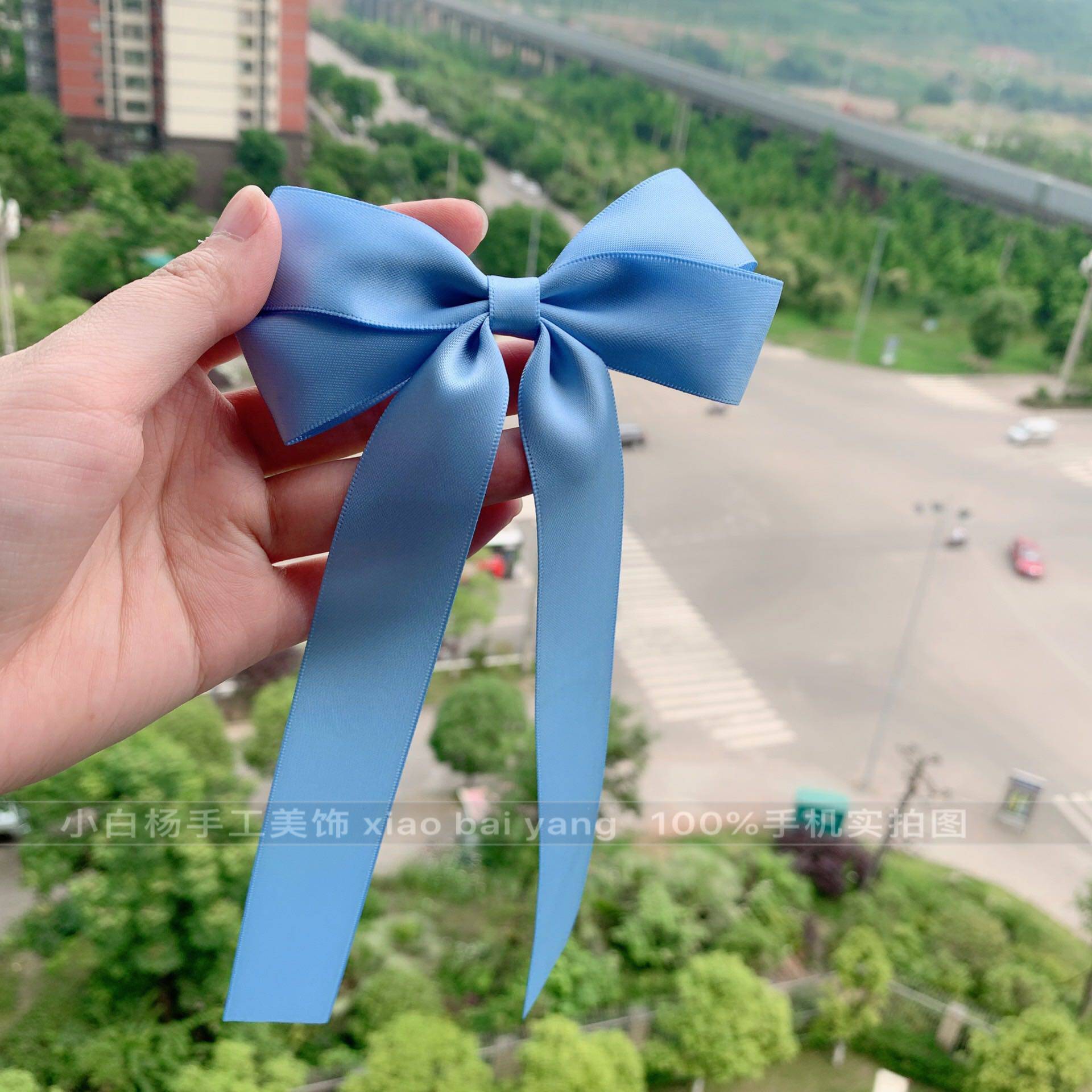 小白杨家浅蓝色飘带蝴蝶结发饰 发圈 头绳 扎头发皮筋 边夹顶夹子