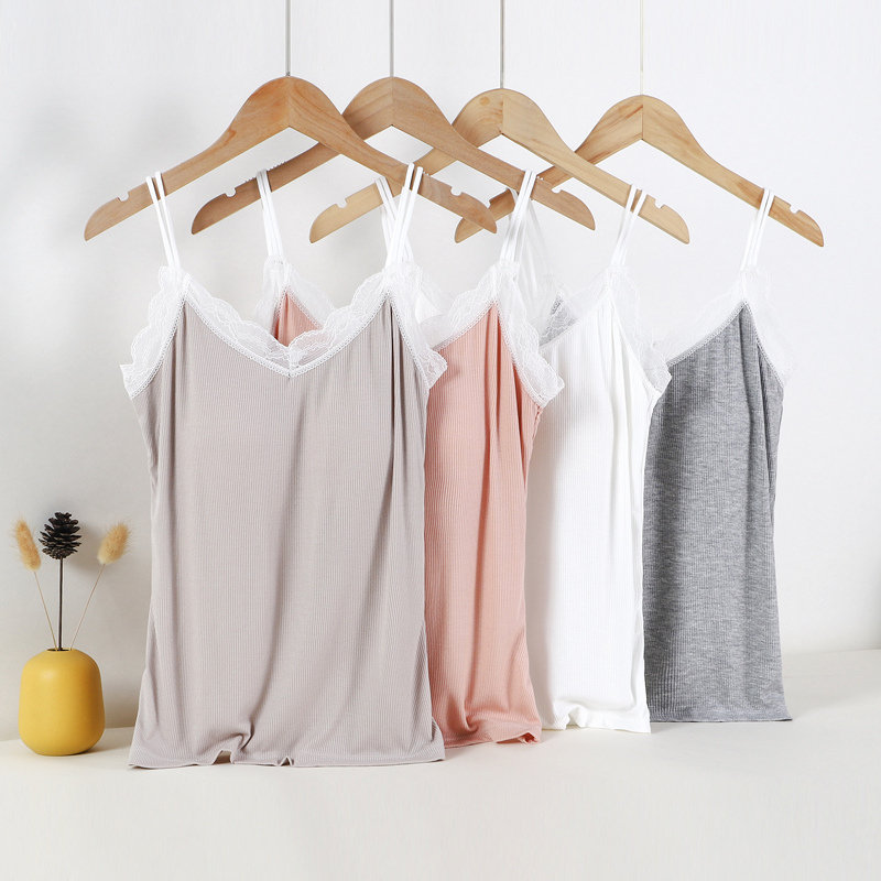 夏季新蕾丝花边双肩带罩杯一体纯欲甜美吊带背心女螺纹莫代尔上衣