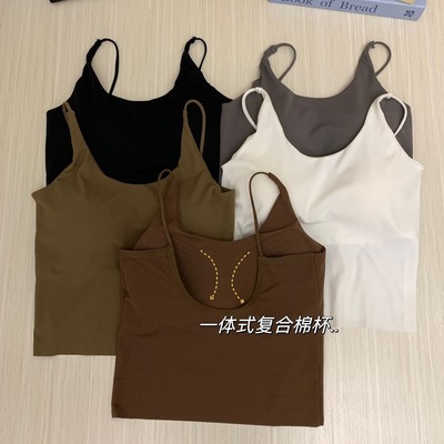 冰丝时尚简朴裸感吊带背心带胸垫一体式内搭女装复古百搭T恤