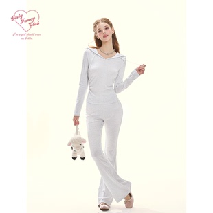 休闲套装 微喇裤 奶皮baby蓝连帽豹纹t恤修身 GirlyFancyClub小奶豹