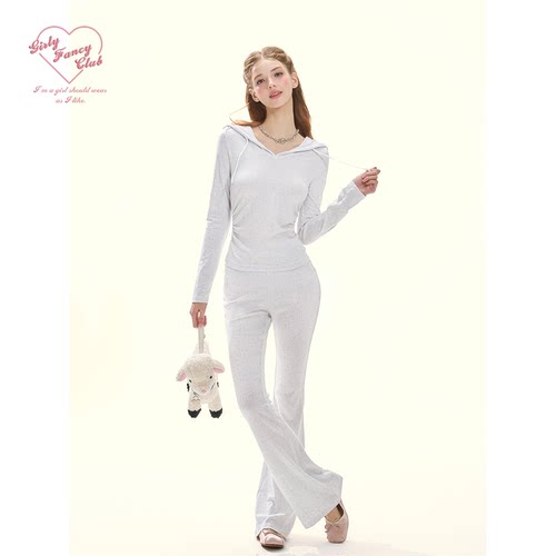 GirlyFancyClub小奶豹*奶皮baby蓝连帽豹纹t恤修身微喇裤休闲套装