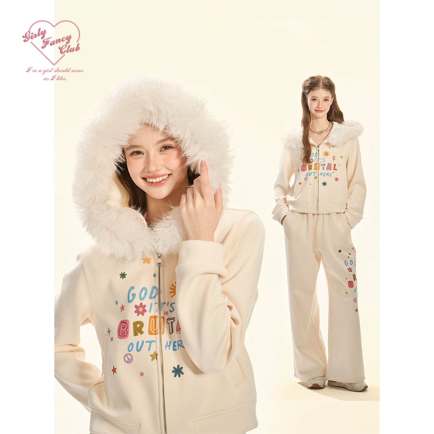 GirlyFancyClub 12/8 20点 手绘印花皮草连帽加厚绒卫衣外套套装