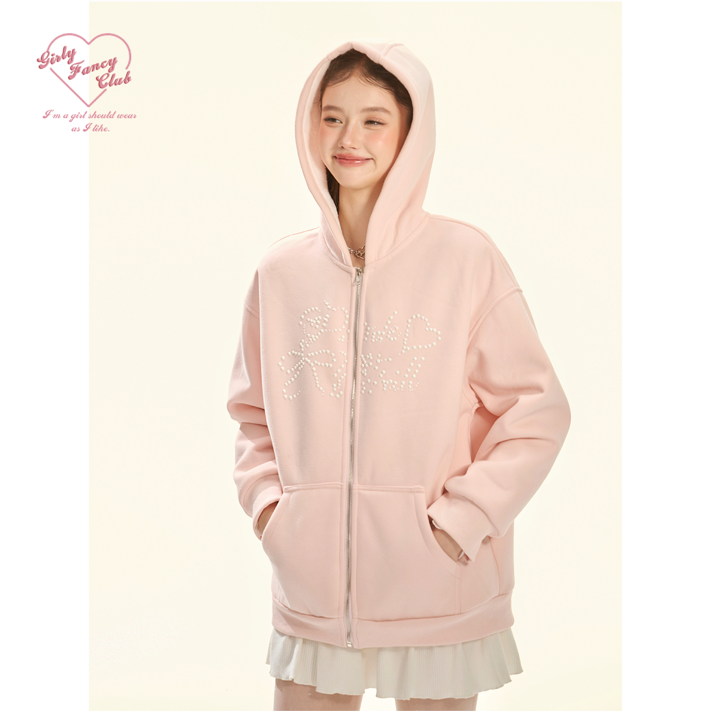 GirlyFancyClub 12/8 20点 进口烫珠 软乎乎加厚兔绒连帽卫衣外套