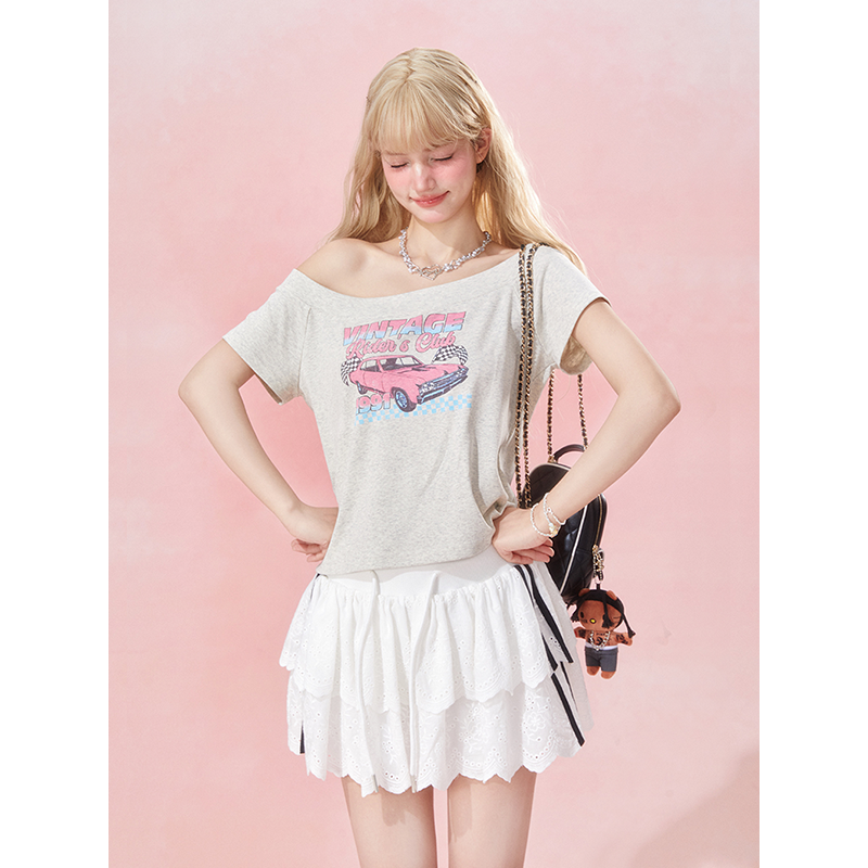 GirlyFancyClub重返90's*夏装短袖上衣斜肩大领口复古美式印花t恤